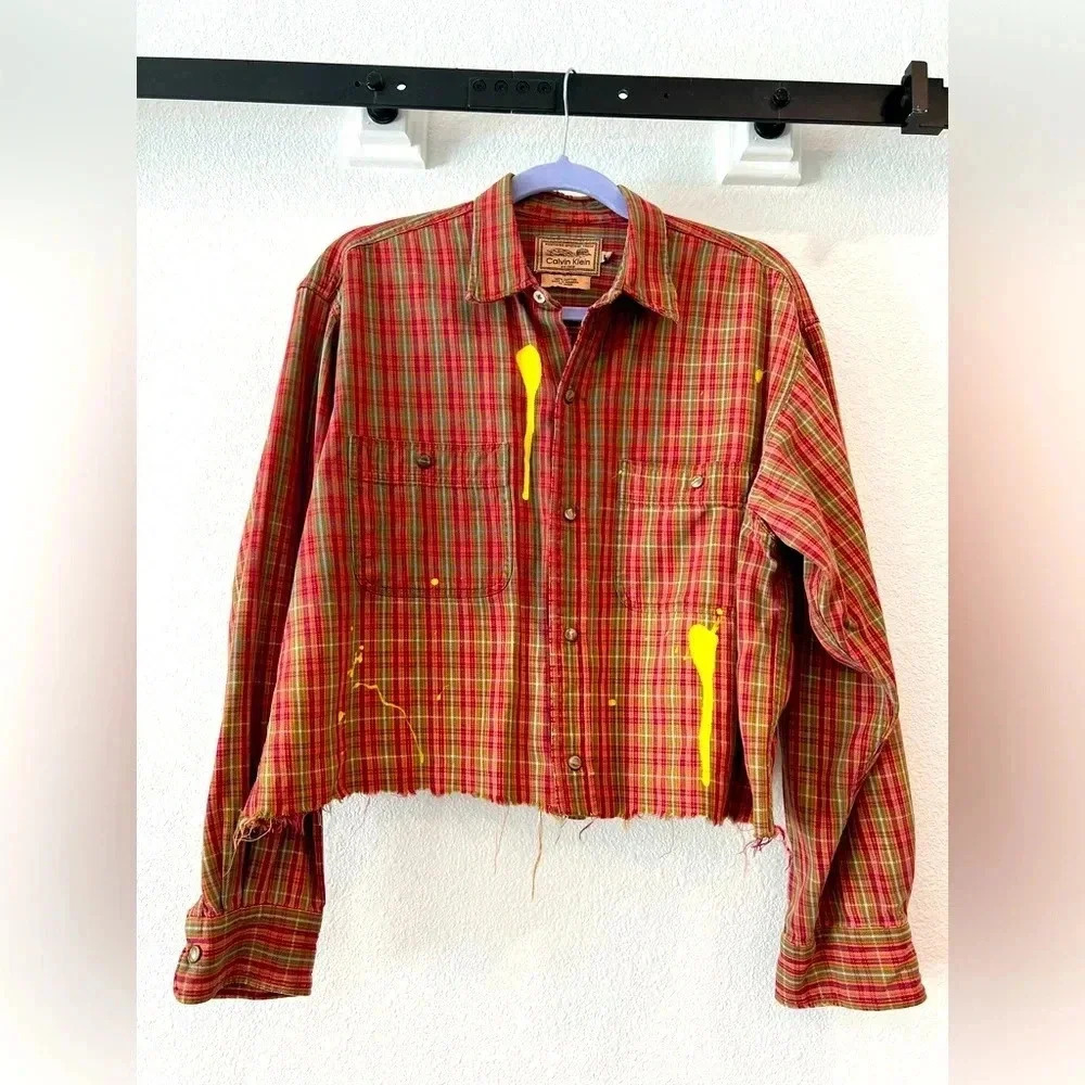 Calvin Klein cropped plaid jacket, distressed detail. Medium